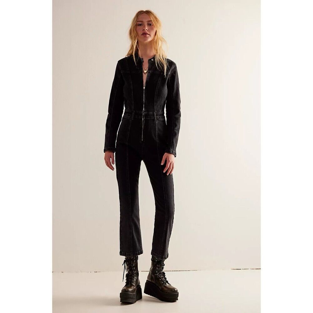 Free People We The Free Jaded One-Piece Black Denim Zip Up Jumpsuit Large